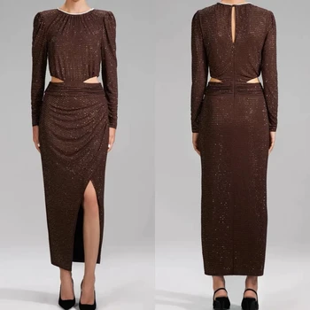 2022 Новая коллекция, Винтажное кофейно-коричневое приталенное платье миди с длинным рукавом и бриллиантами